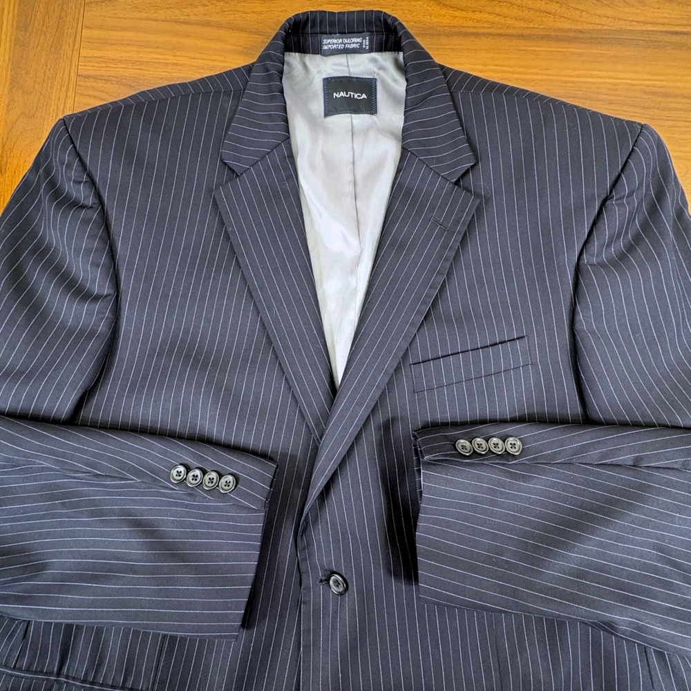 Nautica Men's Pinstripe Navy Blue 100% Wool Blazer Suit Jacket 50L Made in India - Picture 6 of 15